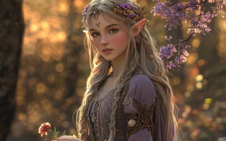 Sylvara, una persona de GAIST con pelo largo y claro, orejas puntiagudas y ropa violeta