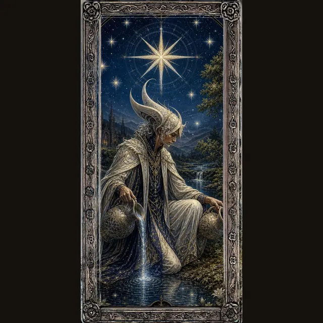 Carta de tarot de GAIST La Estrella, con una figura vertiendo agua bajo una estrella
