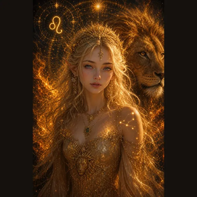 Ilustración zodiacal dorada con una mujer y un león